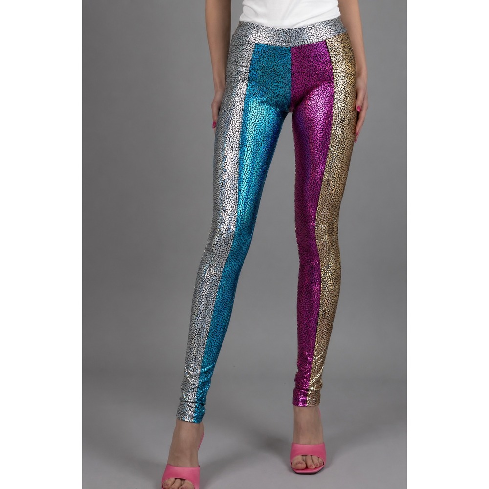 LENA QUIST Holographic Metallic Cracked Foil Colorblock Leggings